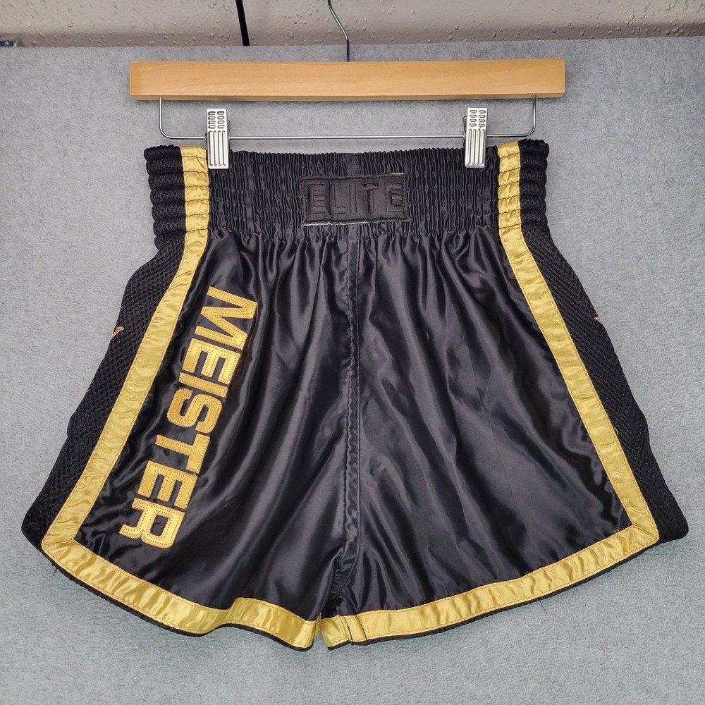 Meister Muay Thai Shorts Mens Small Black Gold Satin Mesh MMA Kickboxing
